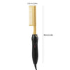 A yellow ceramic hair straightener brush with a black handle and a wooden comb attachment.
