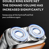 Close-up of an orange and silver portable electric shaver with blue light accents.