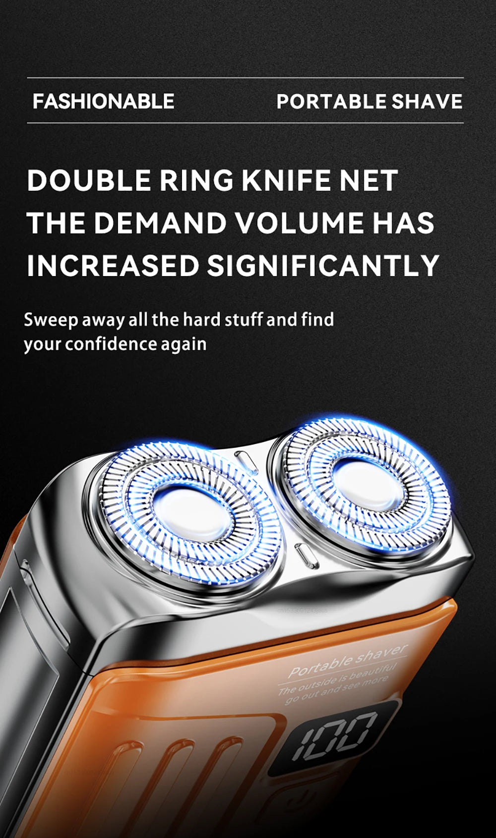 Close-up of an orange and silver portable electric shaver with blue light accents.