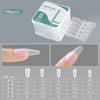 A set of 100 matte finish false gel nail tips in various lengths and shapes, packaged in a clear container.