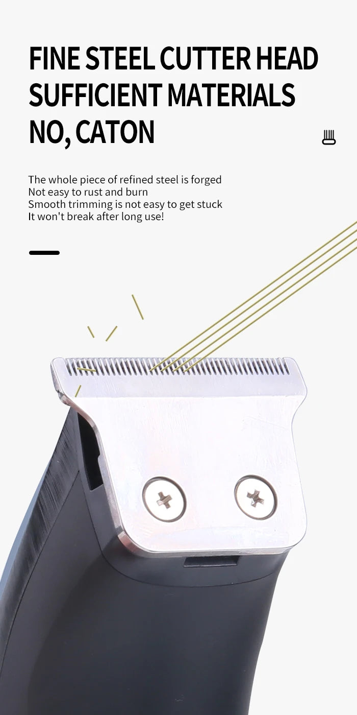 Close-up of a fine steel cutter head on a black electric hair clipper with a metal cutting blade visible.