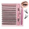 A pink DIY eyelash extension kit with multiple rows of false lashes and a pair of tweezers.