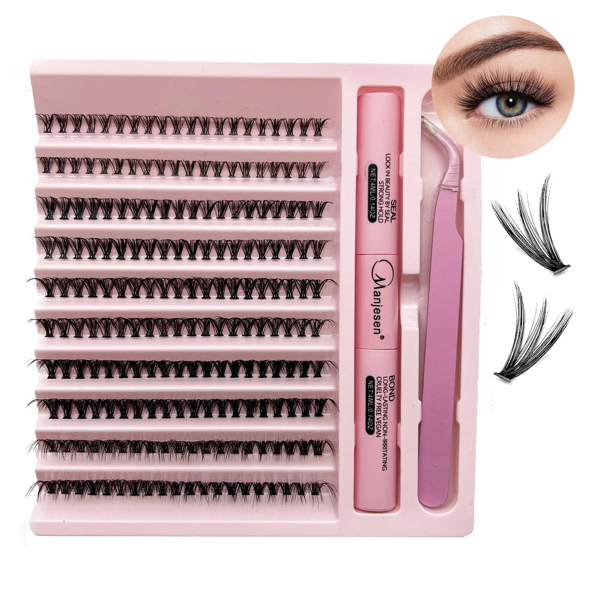 A pink DIY eyelash extension kit with multiple rows of false lashes and a pair of tweezers.