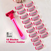 A pink razor holder displaying eighteen precision safety razor blades arranged in a fan shape.