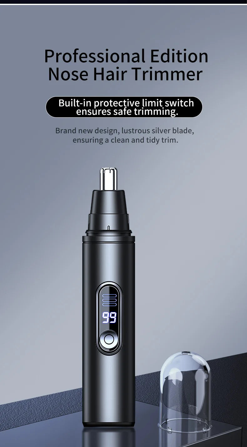 A black professional edition nose hair trimmer with a silver blade and digital display is shown on a dark surface.