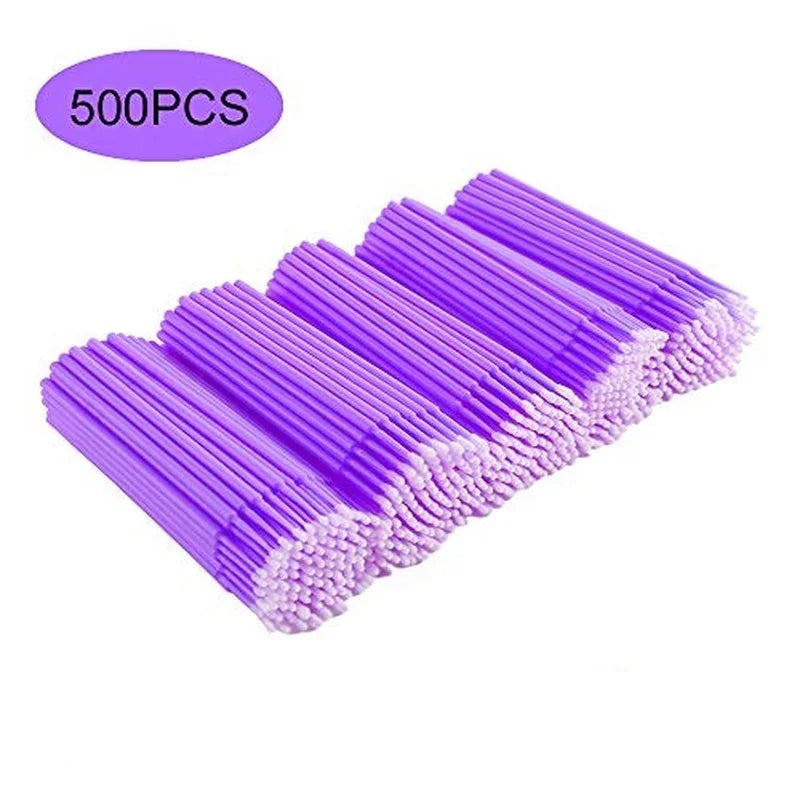 A package of 500 bulk eyelash extension cleaning swabs in purple.