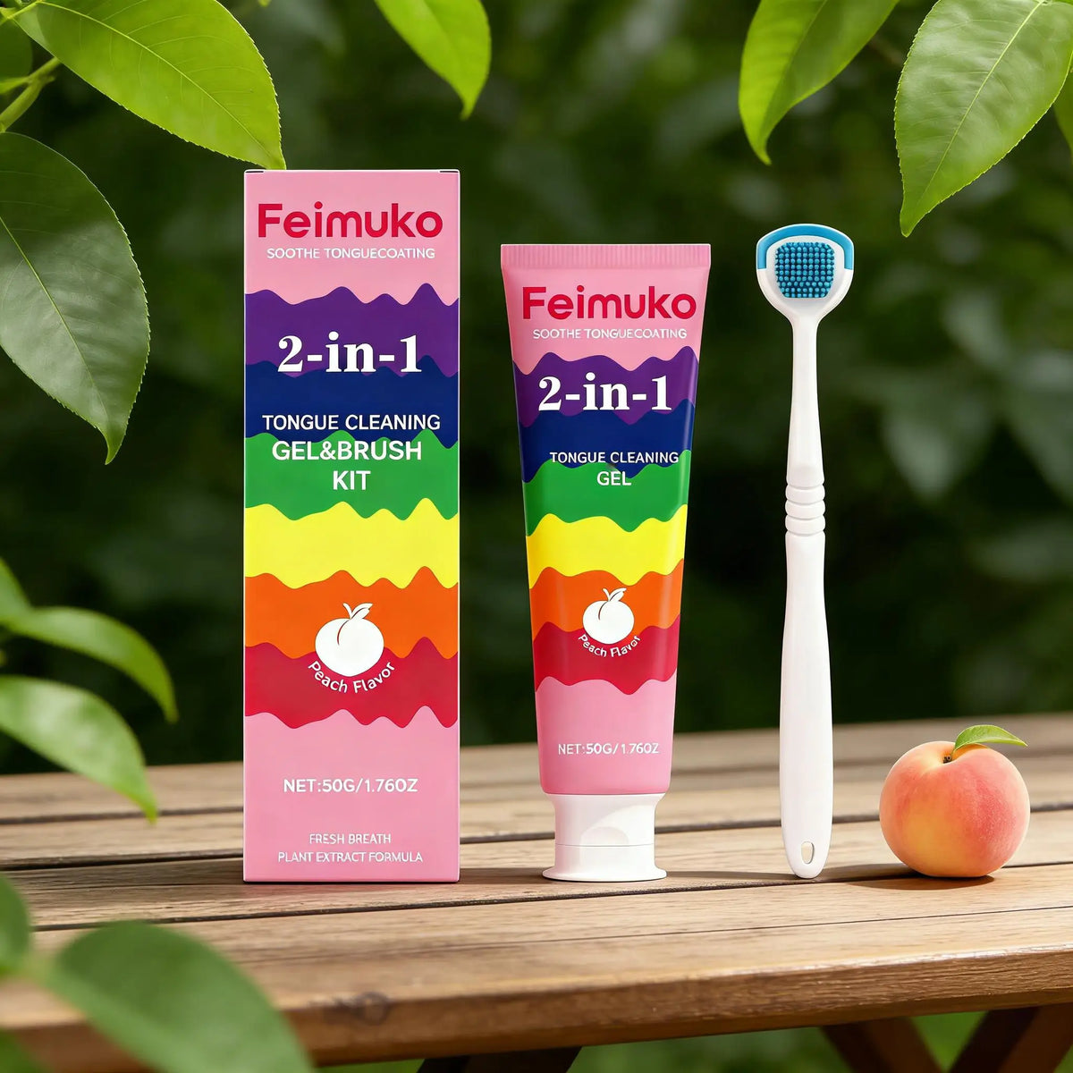 A kit featuring a tongue cleaning gel and brush for fresh breath, displayed on a wooden surface with green leaves in the back