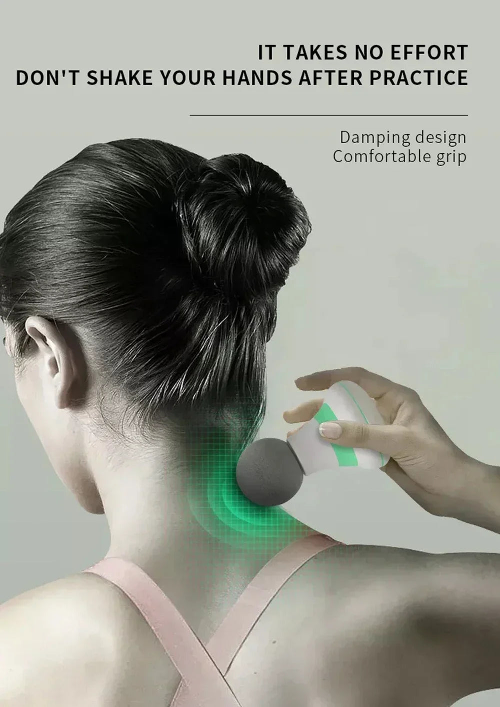 A hand is applying a mini portable massage gun to the back of a person's neck, demonstrating a damping design for a comfortab