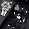 A parts list showing various grooming tools including a razor, facial device, nose hair trimmer, charging cable, and barber l