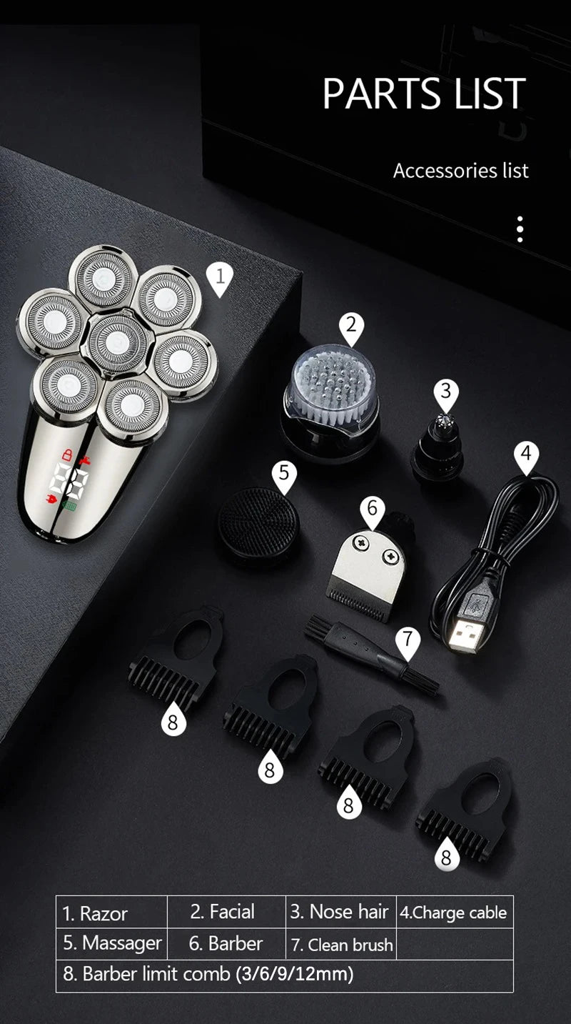 A parts list showing various grooming tools including a razor, facial device, nose hair trimmer, charging cable, and barber l