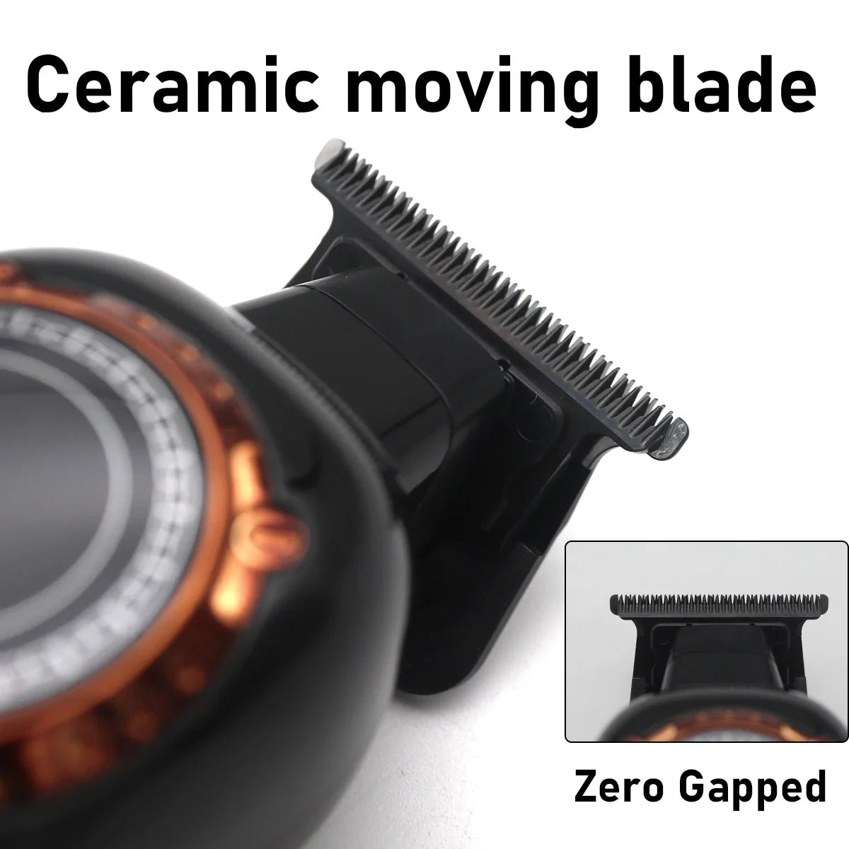 Close-up view of a ceramic moving blade on a black trimmer with a zero-gapped design.