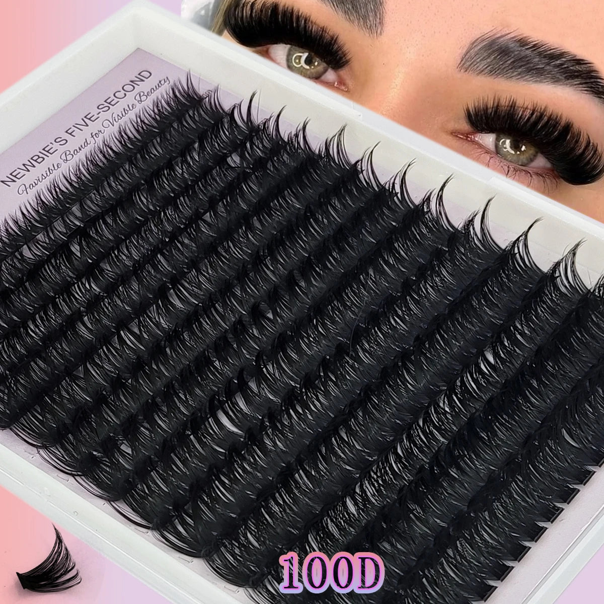 A close-up of a box containing black mink eyelash extensions with 100D volume for eye makeup.