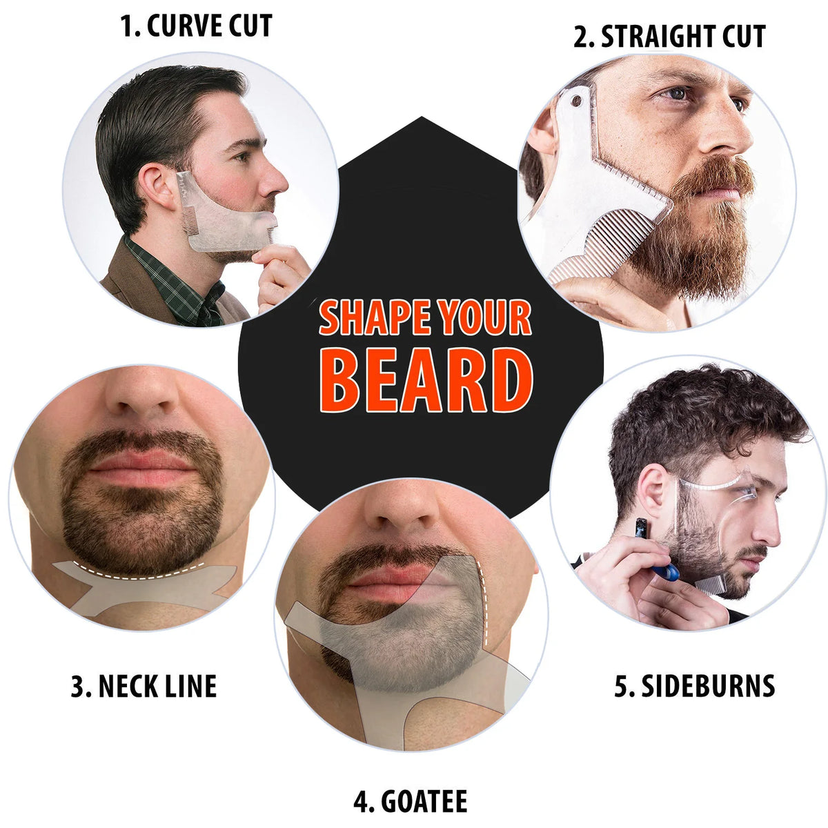 Diagram showing five steps for shaping a beard: Curve Cut, Straight Cut, Neck Line, Goatee, and Sideburns.