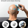 A hand is using a 5D floating head shaver on the scalp, with inset images showing double ring blades, automatically sharpened