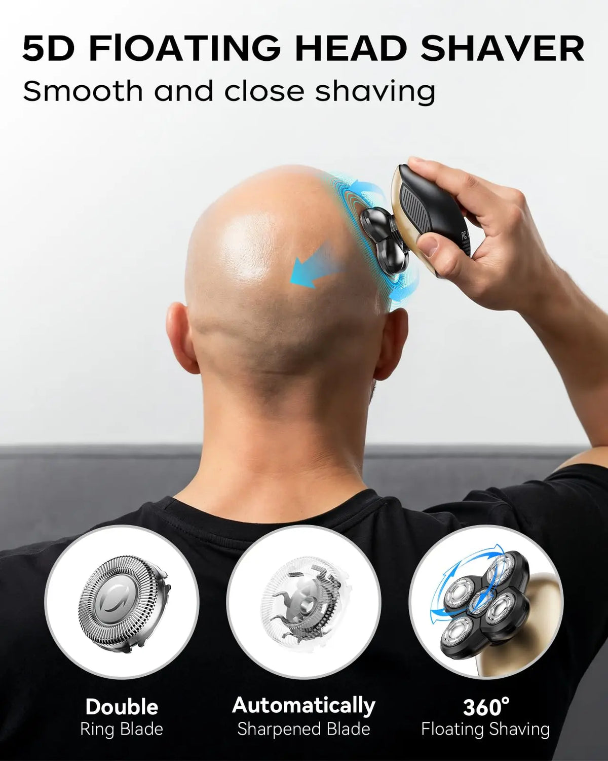 A hand is using a 5D floating head shaver on the scalp, with inset images showing double ring blades, automatically sharpened