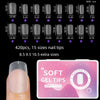 A display of various sizes of soft gel nail tips packaged in a clear plastic container.