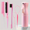 A pink 6-piece hair styling brush set including a comb, brush, and pick, displayed next to a spray bottle.