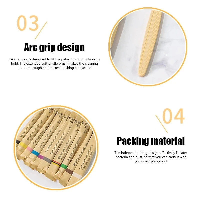 Close-up view of a bamboo toothbrush showing the ergonomic grip design and packaging material.