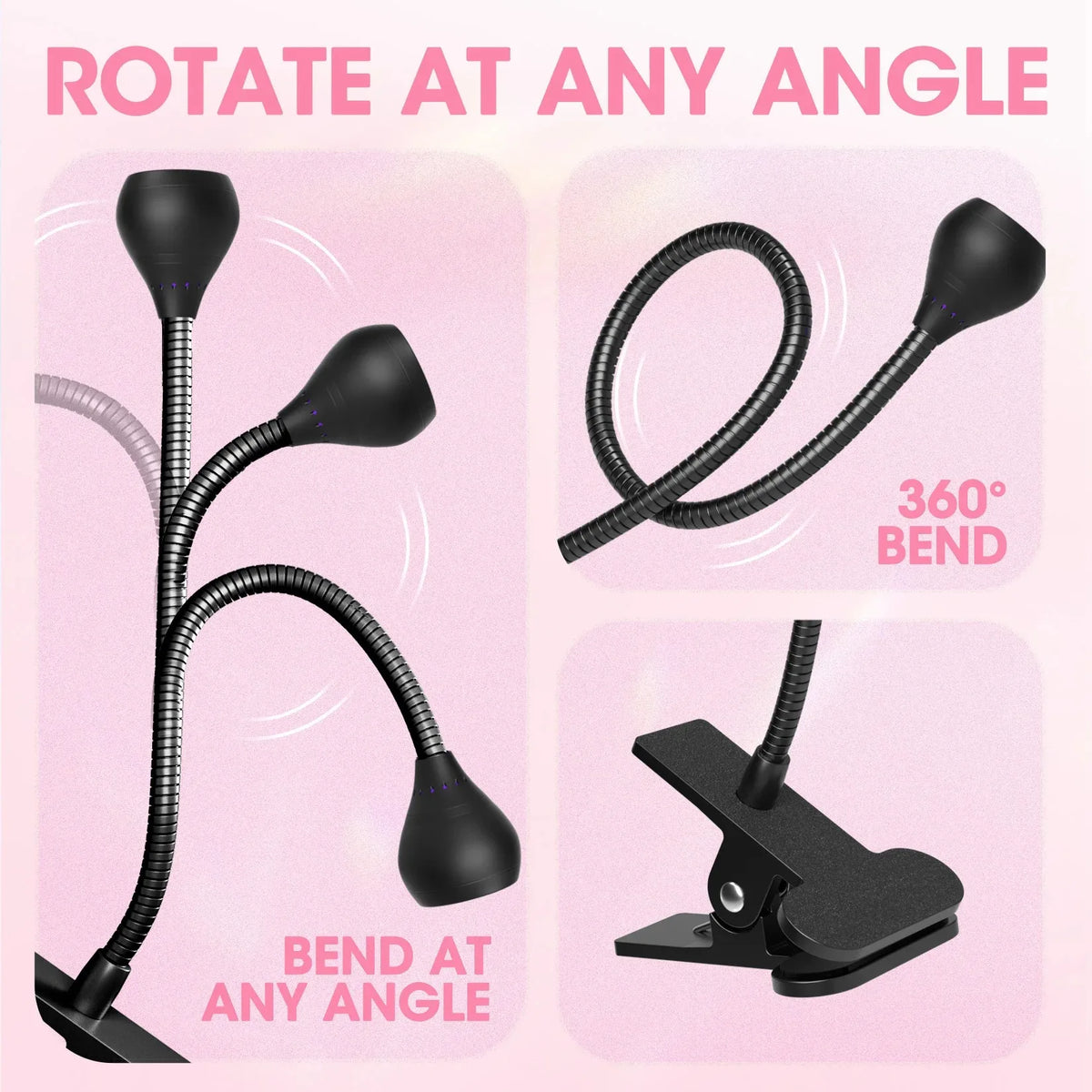 Black clip-on UV LED nail lamp with flexible gooseneck and bendable design shown in various angles.