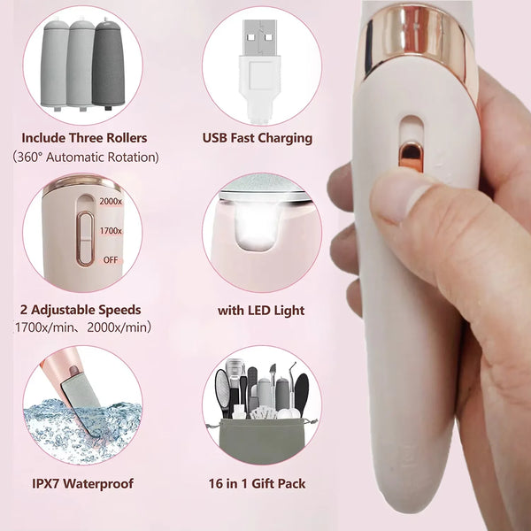 Dispositivo eléctrico blanco para pulir pies y eliminar callos con accesorios