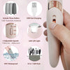 A white electric foot file device is shown with various accessories and charging options.