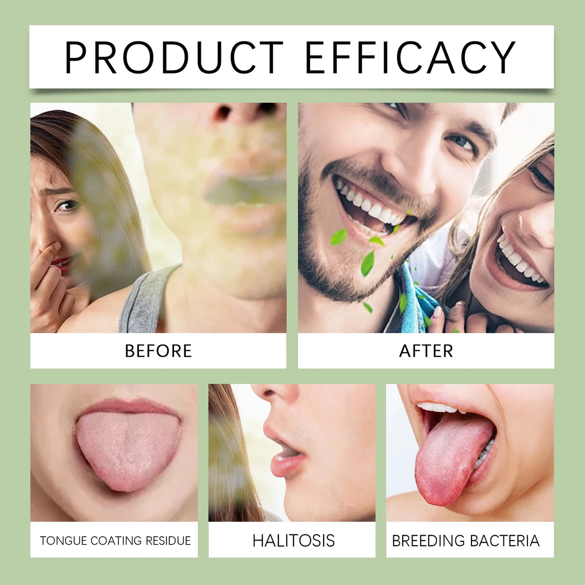 Before and after images showing the efficacy of a deep clean tongue scraper and refreshing gel kit for reducing residue, hali