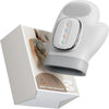 A white electric hand massager is shown in its box, featuring a contoured hand design and control buttons.