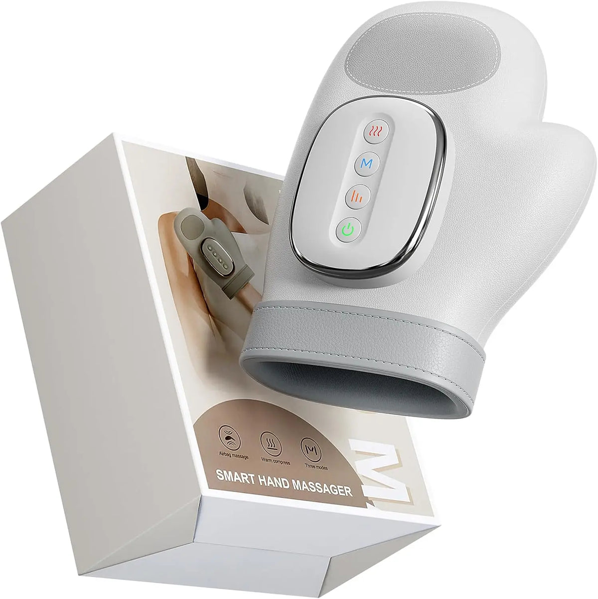 A white electric hand massager is shown in its box, featuring a contoured hand design and control buttons.