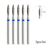 A set of five diamond nail drill bits with 10mm length and 2mm diameter tips for professional manicures.