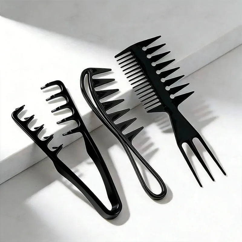 A set of black men's salon hair styling combs displayed on a white surface.