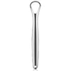 A stainless steel tongue scraper with a loop handle for oral hygiene.