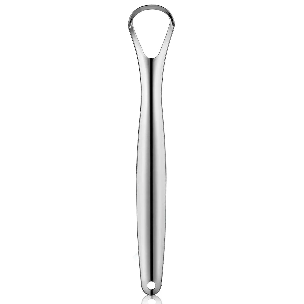 A stainless steel tongue scraper with a loop handle for oral hygiene.