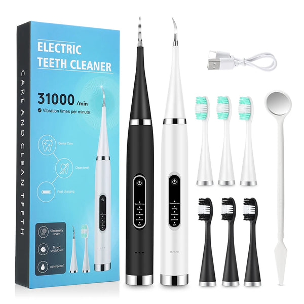A set of portable electric teeth cleaners including a main unit and several interchangeable cleaning tips.