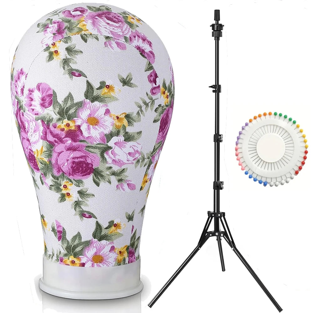 Tête de perruque professionnelle avec motif floral et support noir réglable.