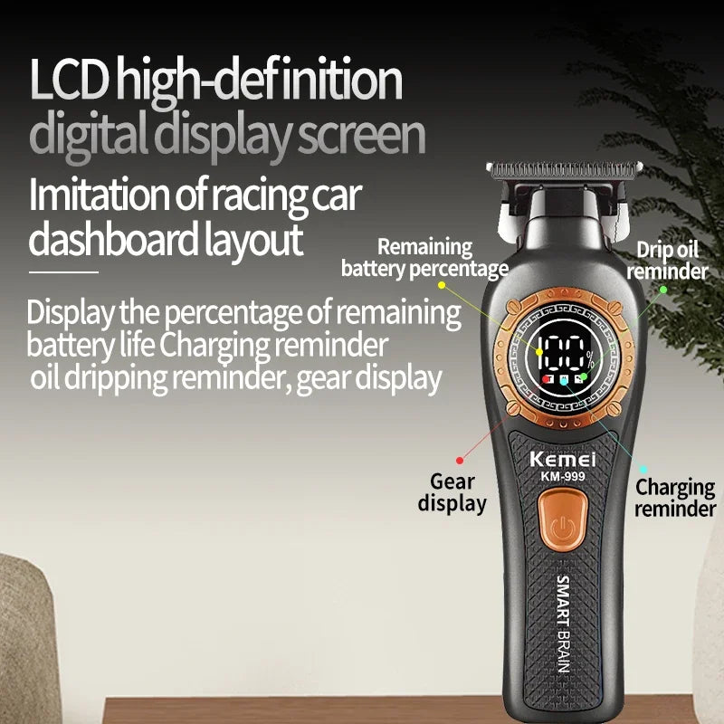 A black cordless electric hair clipper with a digital display showing battery and charging reminders.