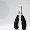 A pair of black professional toenail clippers with a curved sharp blade shown against a light gray background.