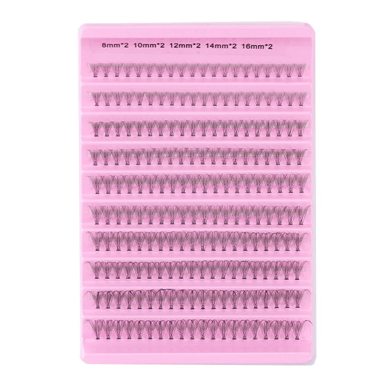 A pink plastic tray holding 10 rows of individual mink false eyelashes with varying lengths.