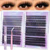 A set of DIY eyelash clusters for volume and definition shown alongside models displaying the finished lashes.