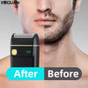 Before and after comparison of a portable electric shaver on a man's face.