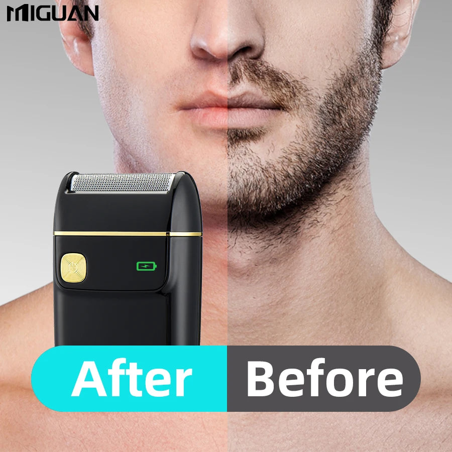 Before and after comparison of a portable electric shaver on a man's face.