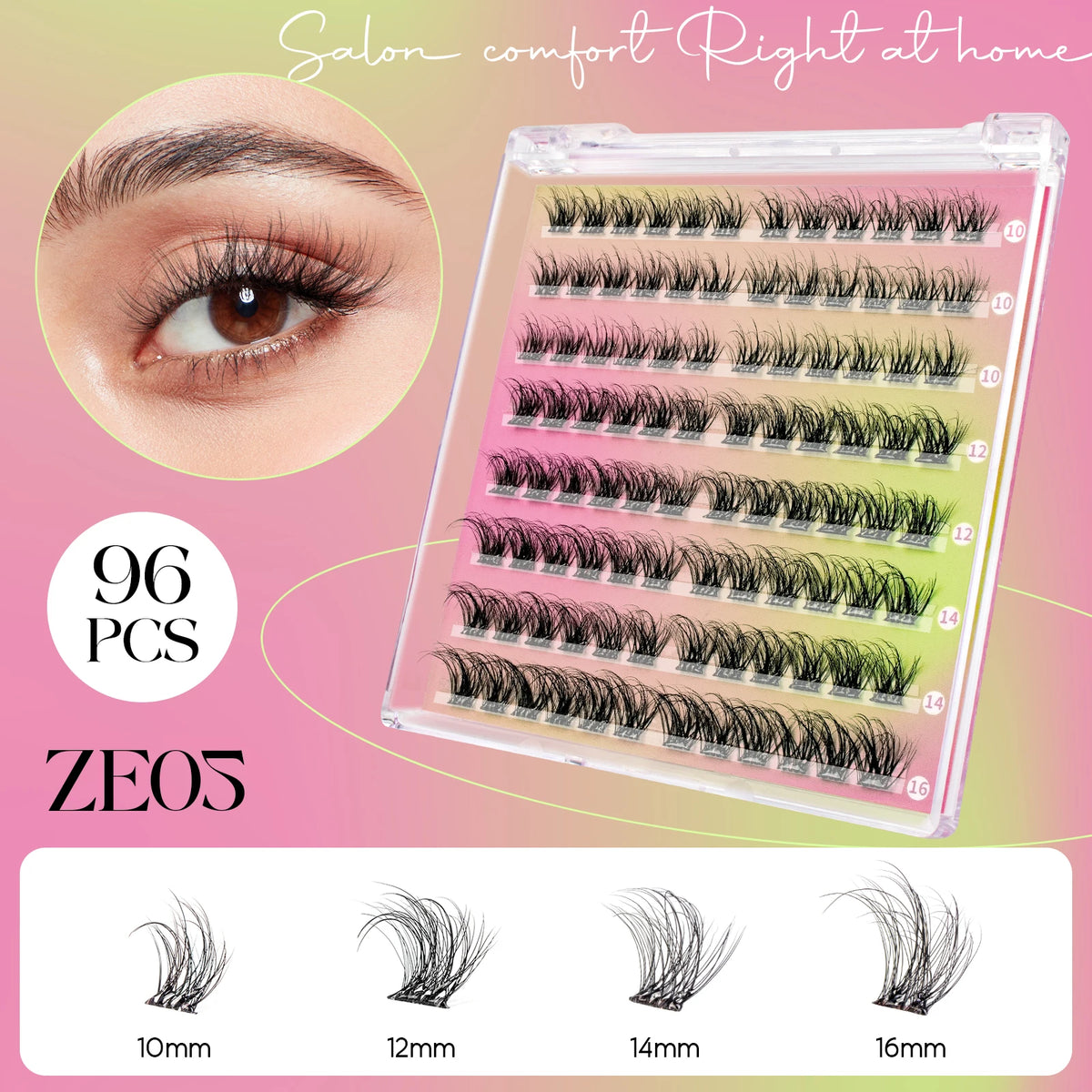 A box of ZE05 DIY self-adhesive eyelash extensions showing various lengths from 10mm to 16mm.