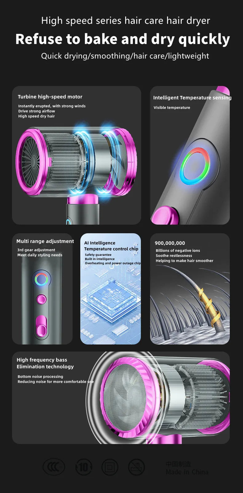A professional high-speed series hair dryer with multiple features including a turbine motor, temperature sensing, multi-rang