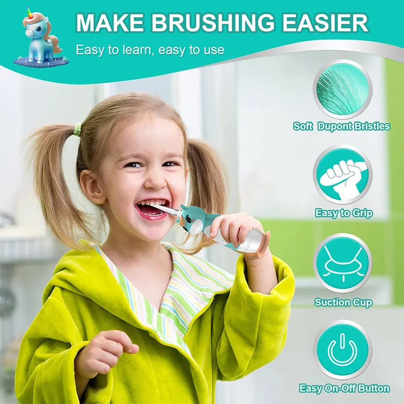 A young girl is using a unicorn-themed electric toothbrush, demonstrating its easy features like soft bristles and an on-off 