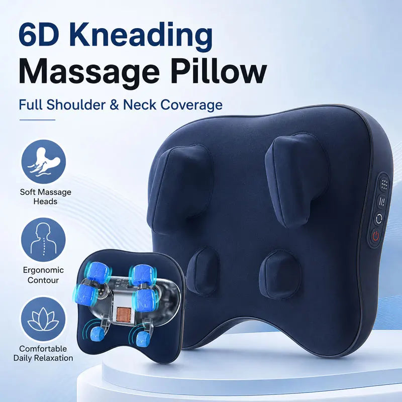 A dark blue 6D kneading massage pillow with soft massage heads and an ergonomic contour shown on a white surface.