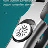 Close-up of a heavy duty stainless steel nail clipper featuring a plum blossom carved lock button for convenient storage.