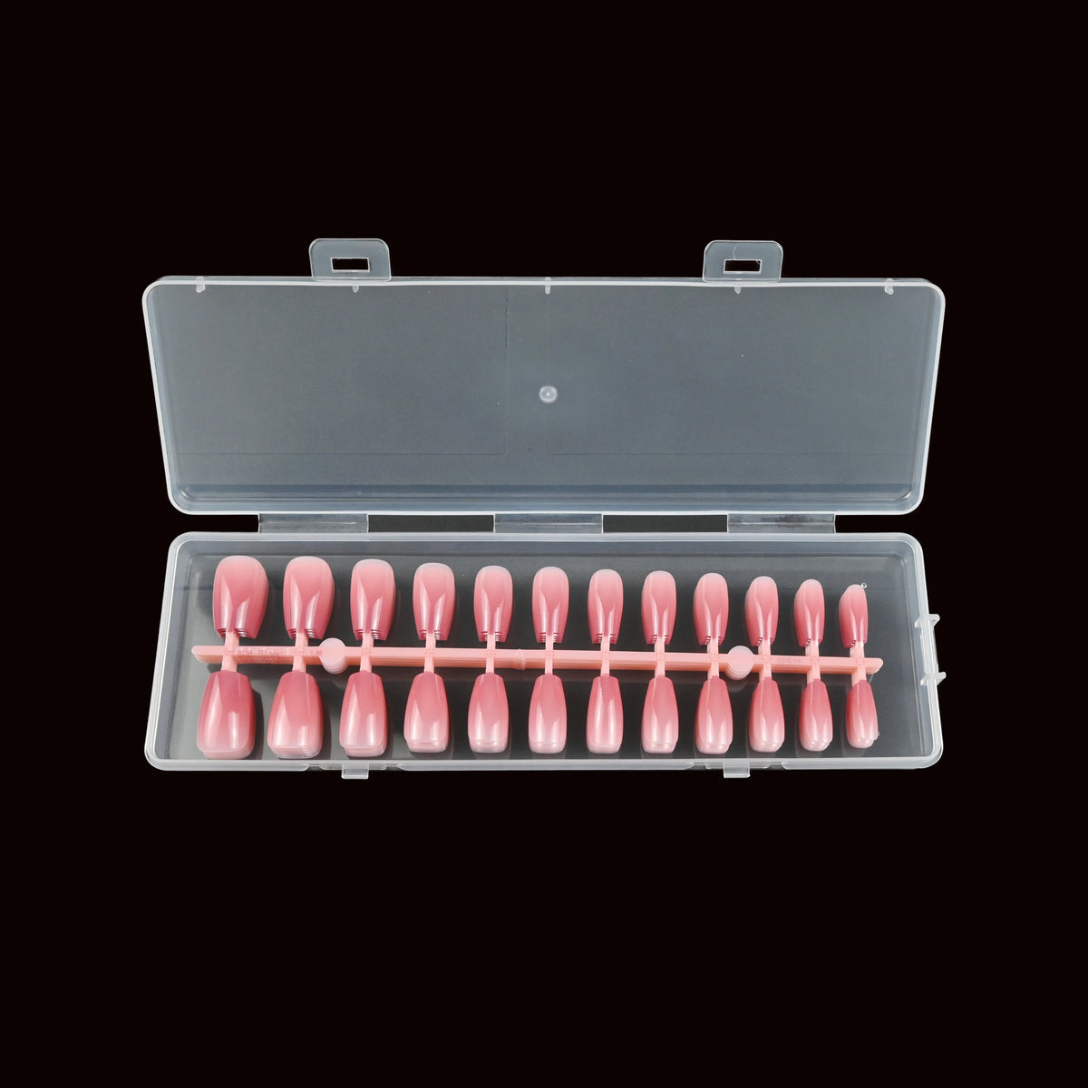 A set of 120 pink French ballet press-on nails displayed in their packaging box.