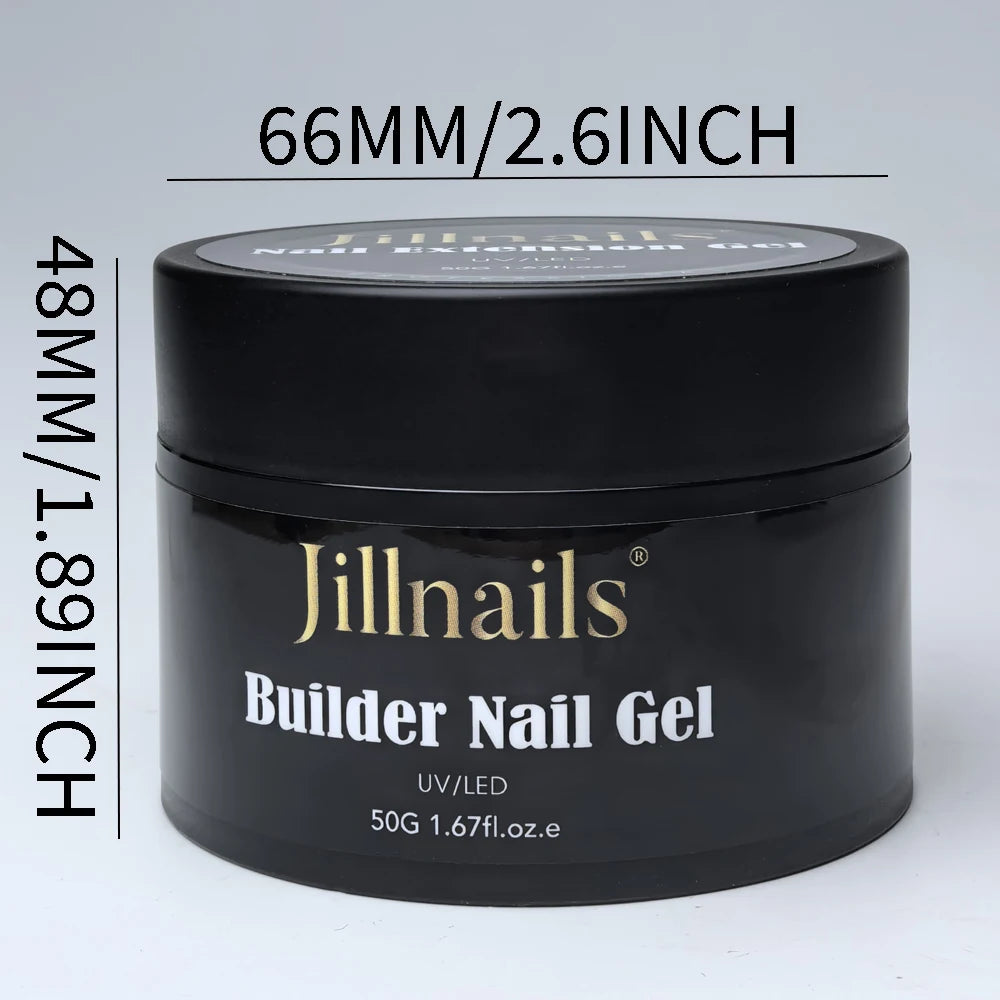 Un pot noir de gel pour ongles Jillnails Builder avec couvercle, étiqueté 66MM/2.6PO