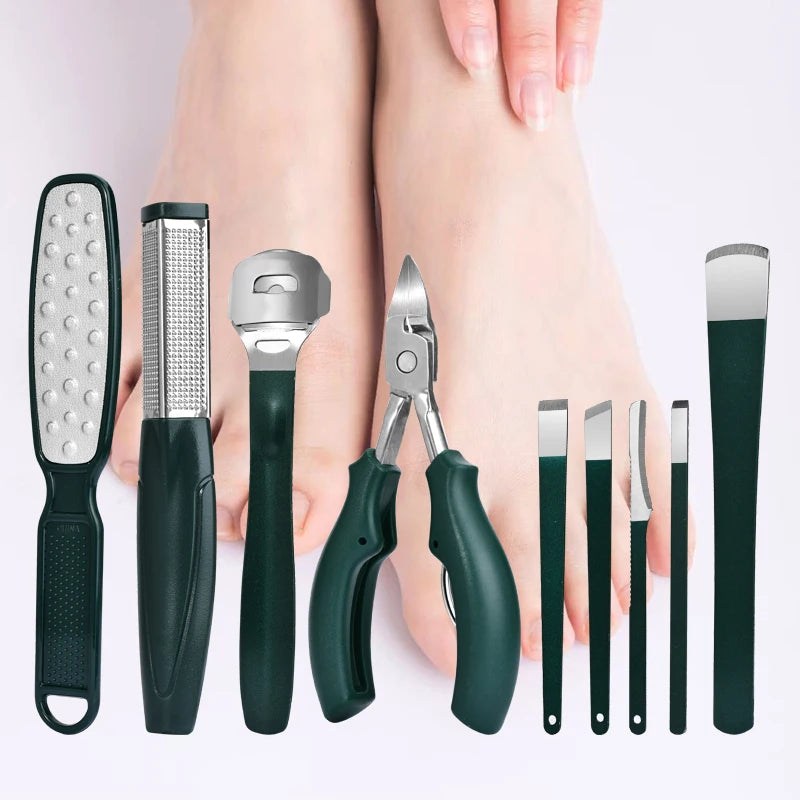 A professional stainless steel nail care kit with various tools shown next to a person's foot.
