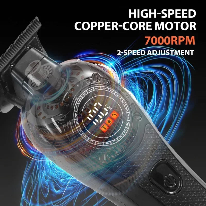 Close-up of a high-speed copper-core motor electric hair clipper with blue energy effects.