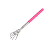 A pink telescoping stainless steel back massager with a hand-like end.
